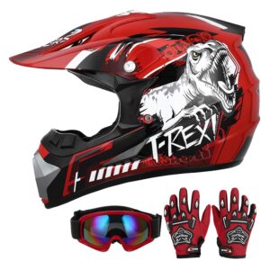 DOT Youth Dust Bike Helmet Set with Goggles and Gloves for Ages 5-14, ATV Helmet for Boys and Ladies, Youngsters’ 4 Wheeler Helmet, Motocross BMX MX UTV Off-Street and Go-Kart Helmet