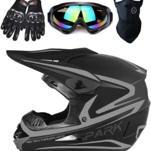 Youngsters’ Full Face Grime Bike Helmet Set for Motocross, ATV, and BMX – Consists of Goggles, Gloves, and Masks, DOT Authorized (4-Piece Set)