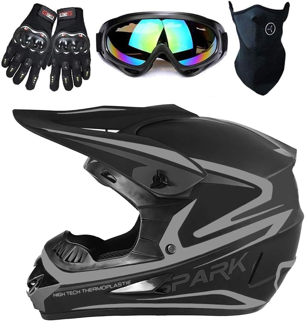 Youngsters’ Full Face Grime Bike Helmet Set for Motocross, ATV, and BMX – Consists of Goggles, Gloves, and Masks, DOT Authorized (4-Piece Set)