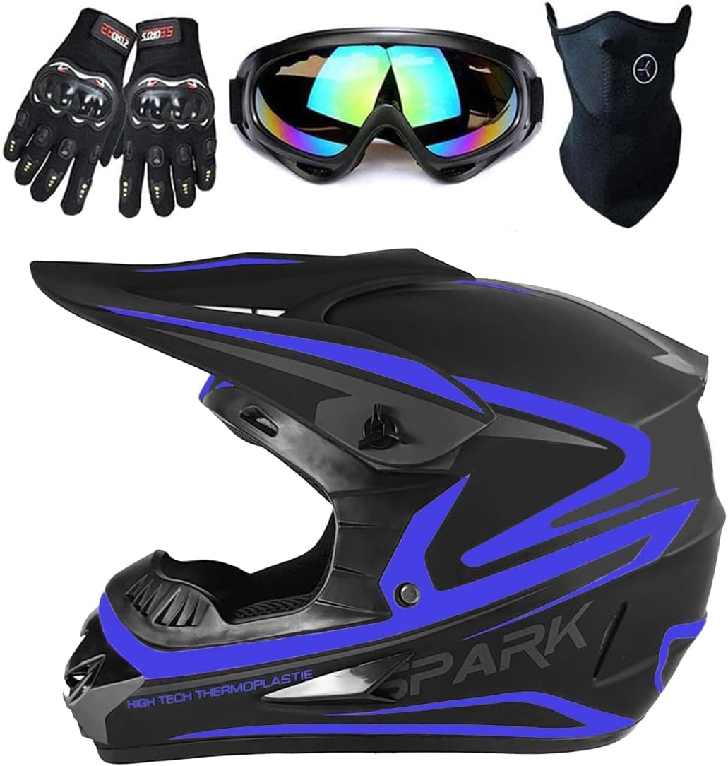 Children’ Full Face Dust Bike Helmet Set for Motocross, ATV, and BMX – Contains Goggles, Gloves, and Masks, DOT Accepted (4-Piece Set)